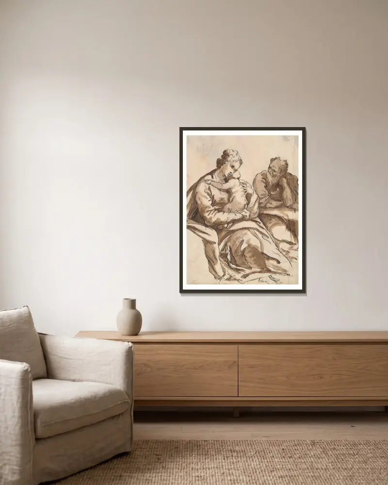 The Holy Family (recto); Study of a Leg (verso) av Agostino Carracci inramad på en vägg
