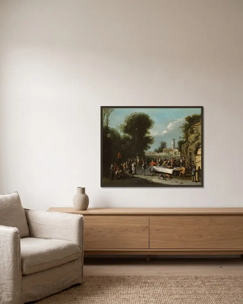 Bauern bei Fest und Gelage in einer Landschaft mit Ruinen, dahinter eine Kirche von Agostino Tassi gerahmt an einer Wand