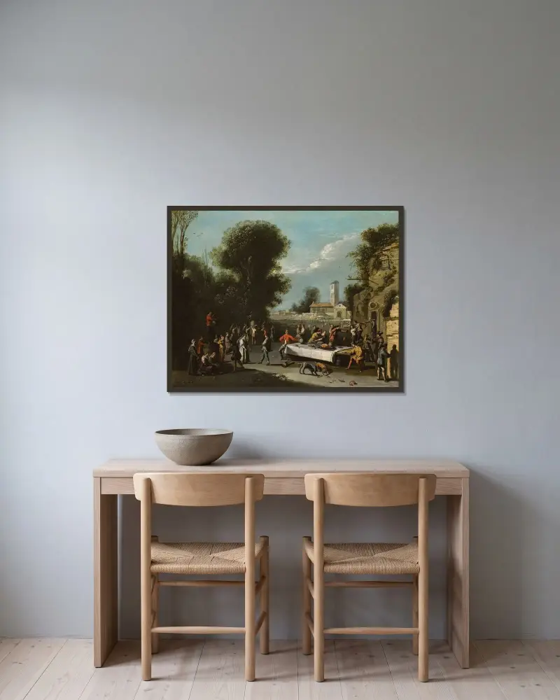 Bauern bei Fest und Gelage in einer Landschaft mit Ruinen, dahinter eine Kirche von Agostino Tassi gerahmt an einer Wand