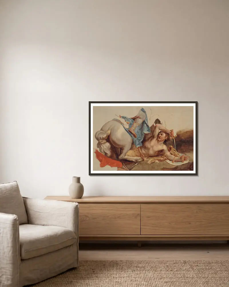 Étude de cheval et de cavalier tombé, d’après Le Brun av Paul-Jacques-Aimé Baudry inramad på en vägg