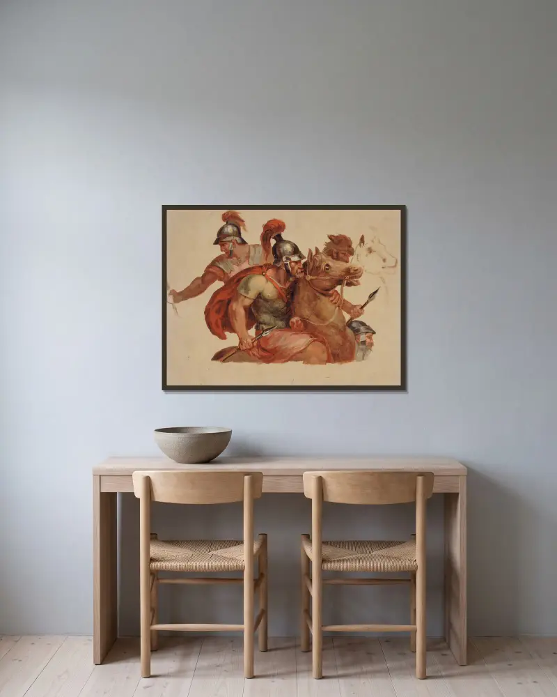 Études de cavaliers antiques, d’après Charles Le Brun av Paul-Jacques-Aimé Baudry inramad på en vägg