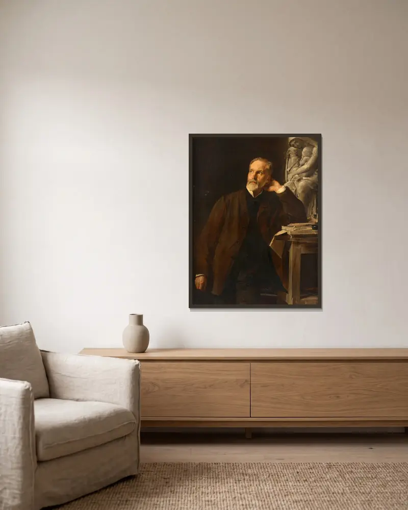 Portrait du sculpteur Eugène Guillaume av Paul-Jacques-Aimé Baudry inramad på en vägg