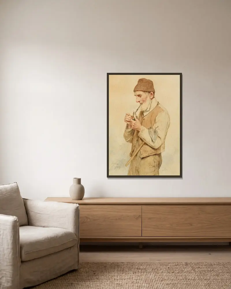 Bauer eine Pfeife anzündend von Albert Anker gerahmt an einer Wand
