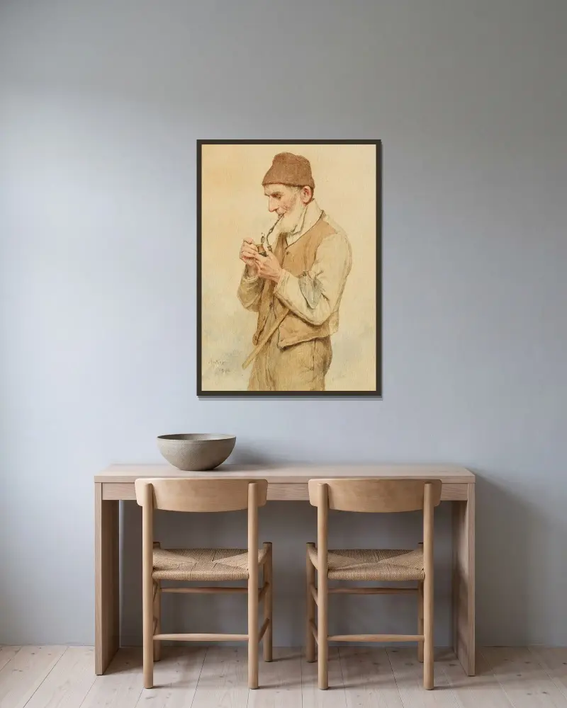 Bauer eine Pfeife anzündend von Albert Anker gerahmt an einer Wand