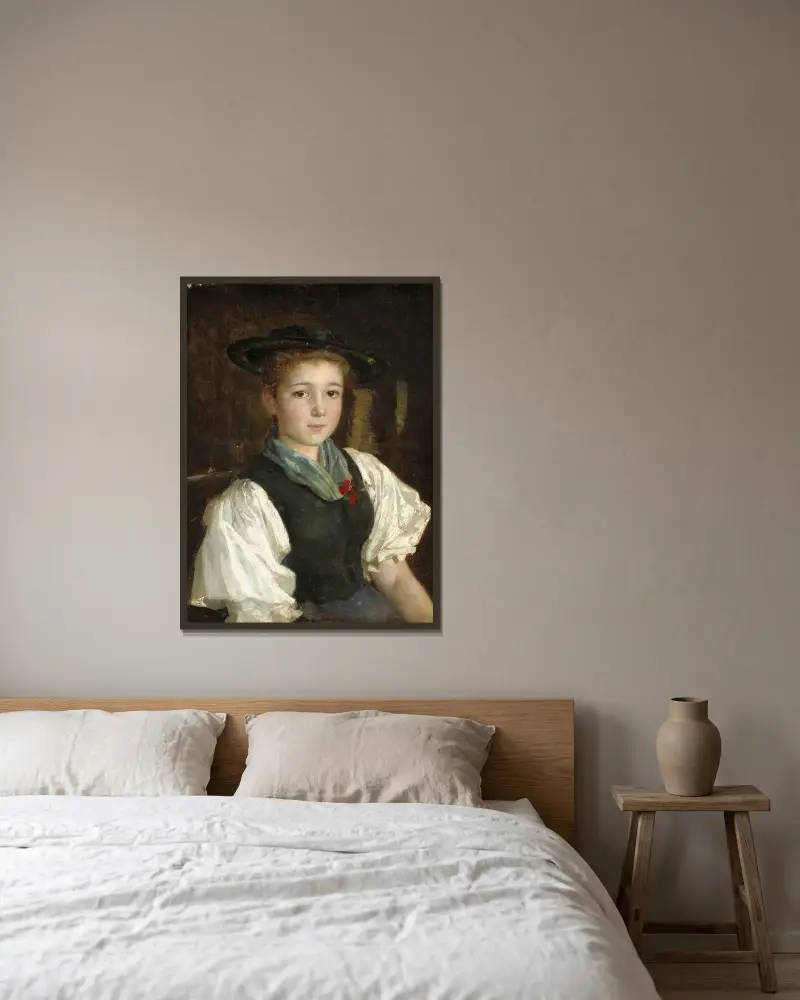 Bondflicka av Albert Anker inramad på en vägg