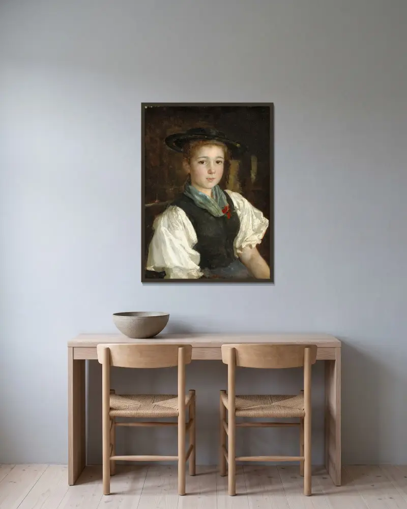 Bondflicka av Albert Anker inramad på en vägg