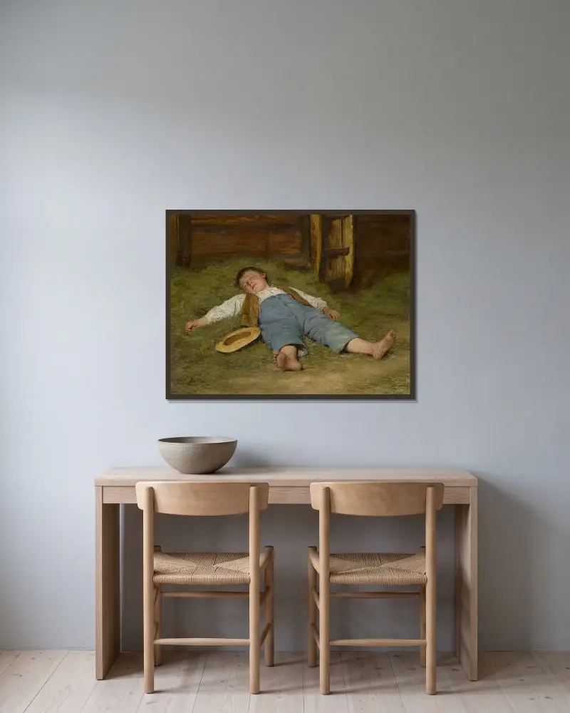 Boy Asleep in the Hay av Albert Anker inramad på en vägg