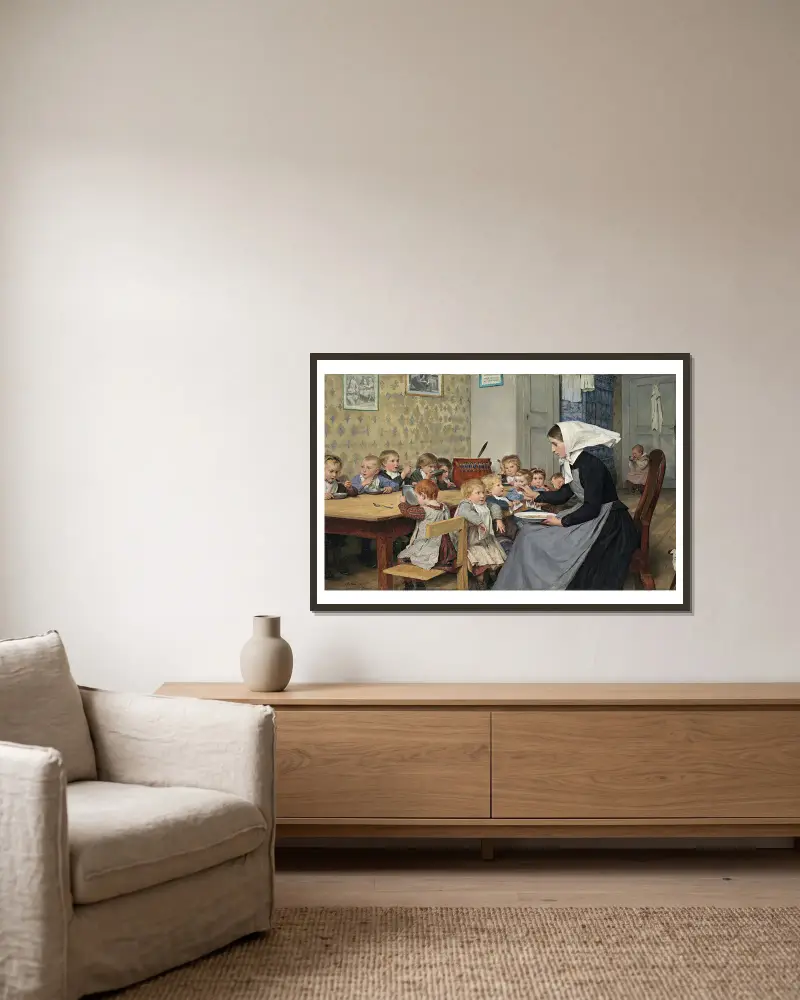 Die Kinderkrippe I von Albert Anker gerahmt an einer Wand