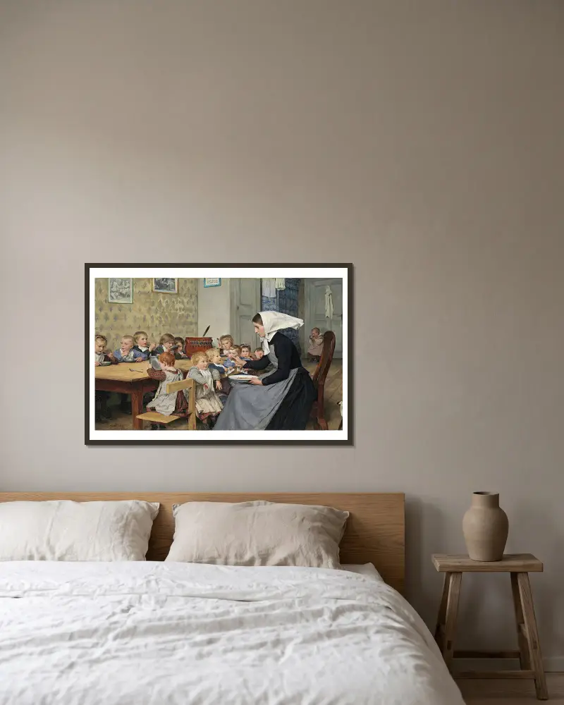 Die Kinderkrippe I von Albert Anker gerahmt an einer Wand
