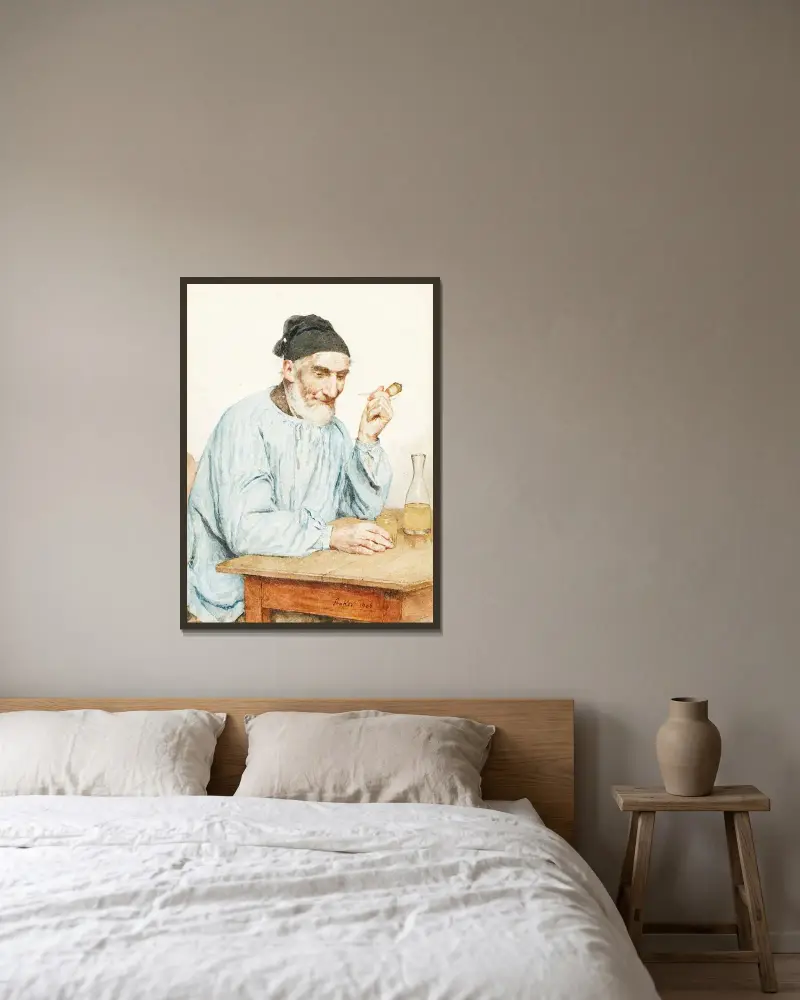 Farmer From Ins At Table av Albert Anker inramad på en vägg
