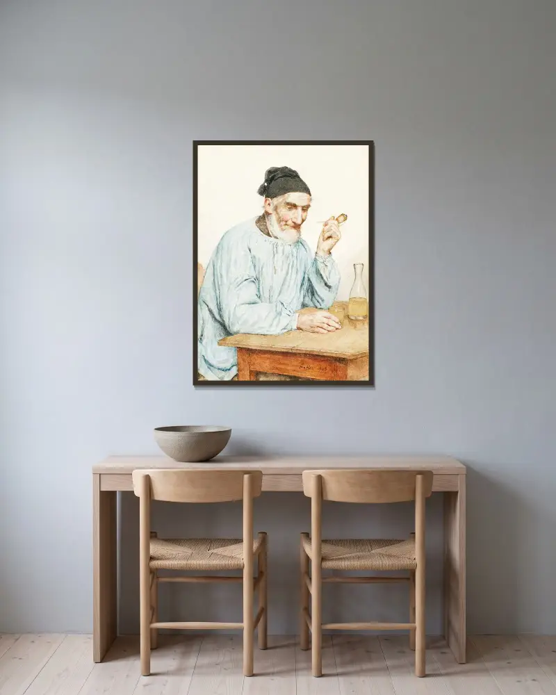 Farmer From Ins At Table av Albert Anker inramad på en vägg