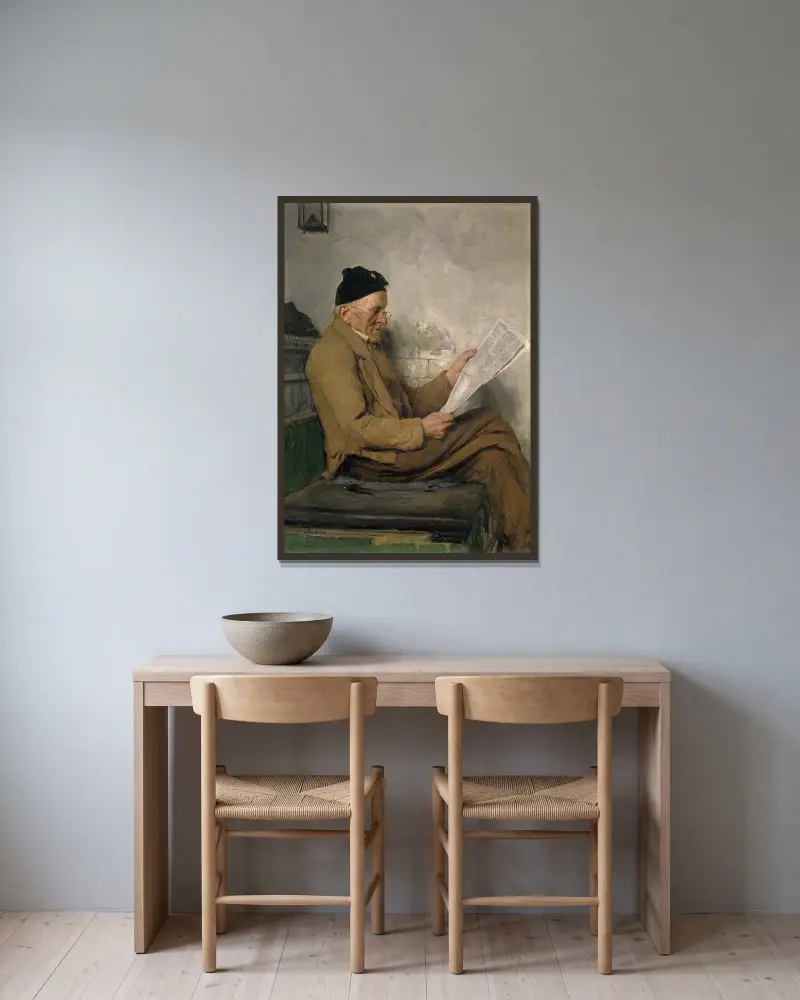 Farmer Reading on the Stove Bench av Albert Anker inramad på en vägg