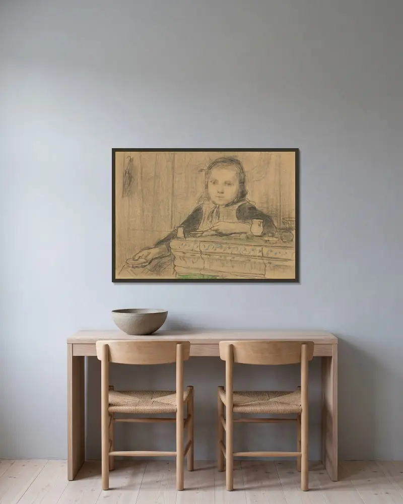Flicka vid spisen (studie) av Albert Anker inramad på en vägg