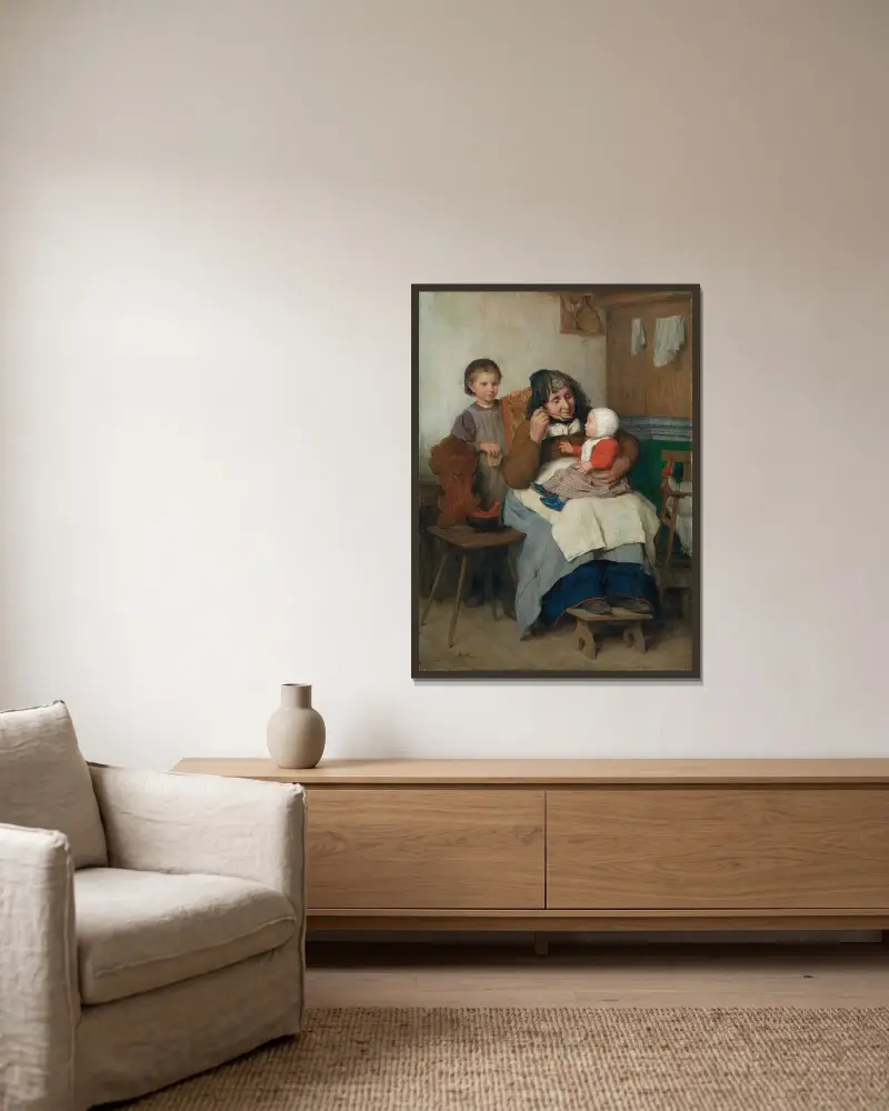 Mormor öser soppa till sitt barnbarn av Albert Anker inramad på en vägg