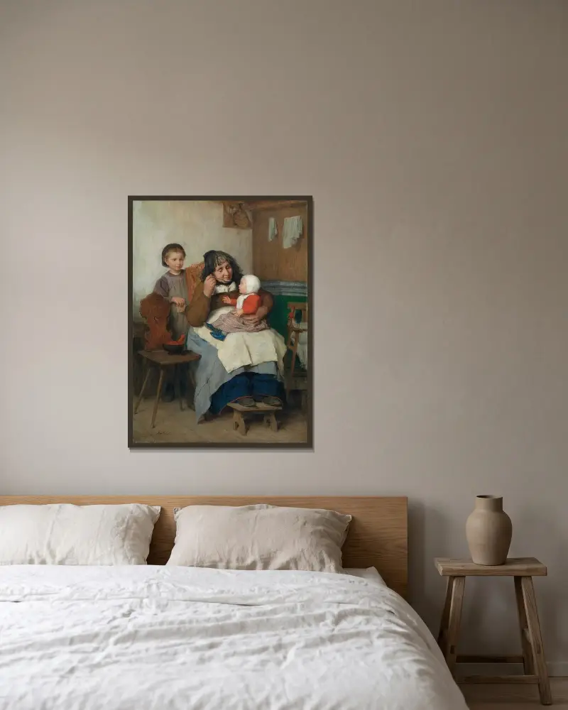 Mormor öser soppa till sitt barnbarn av Albert Anker inramad på en vägg