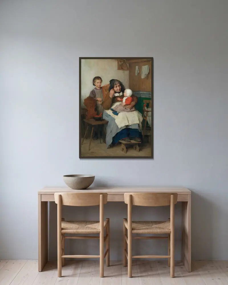 Mormor öser soppa till sitt barnbarn av Albert Anker inramad på en vägg