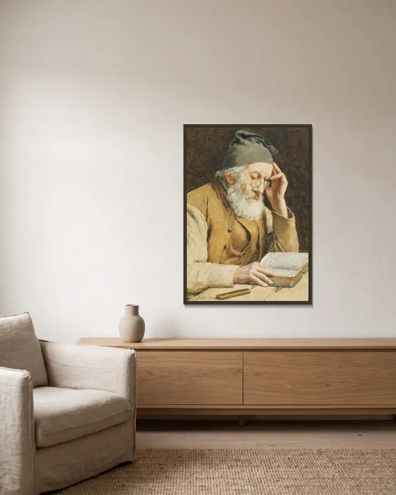 Alter Mann beim Lesen von Albert Anker gerahmt an einer Wand