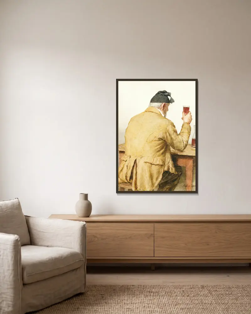 Alter Mann an einem Tisch sitzend, von hinten gesehen von Albert Anker gerahmt an einer Wand