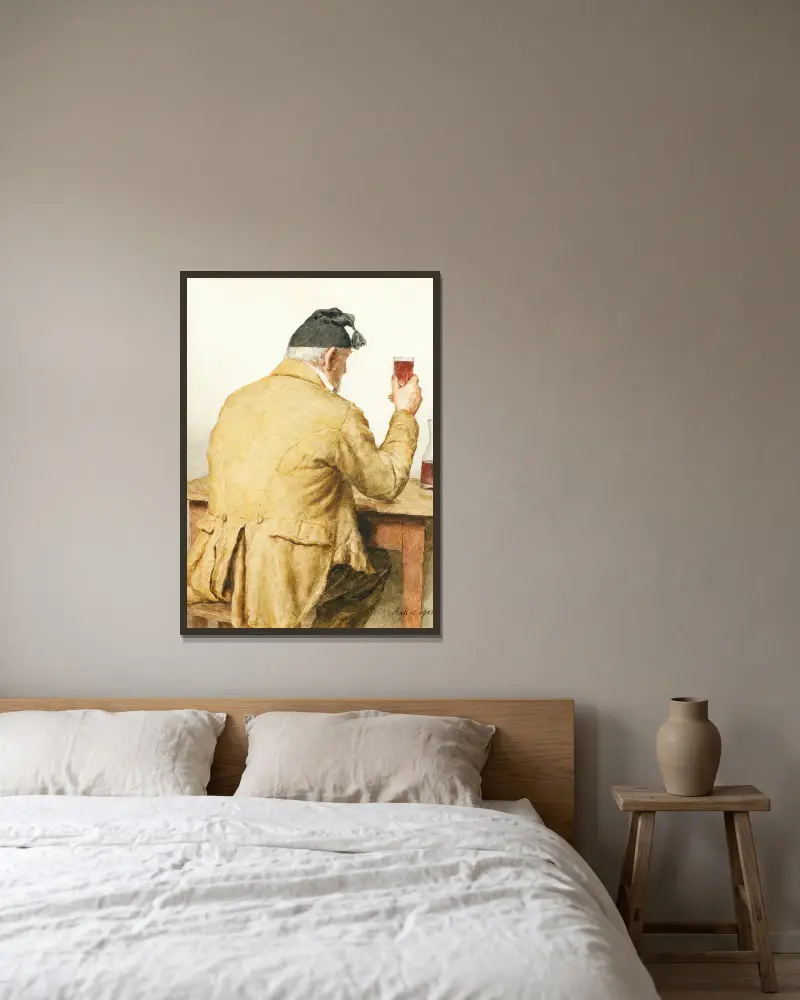 Alter Mann an einem Tisch sitzend, von hinten gesehen von Albert Anker gerahmt an einer Wand