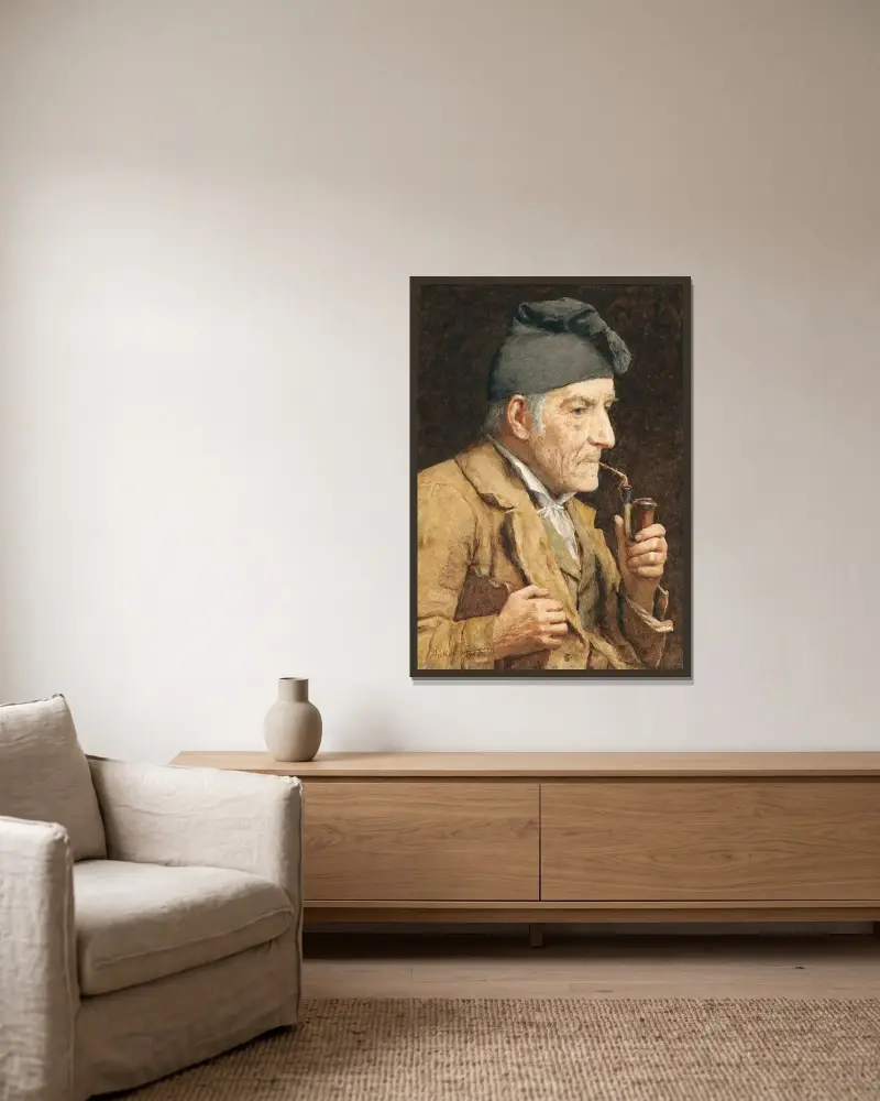 Alter Mann, seine Pfeife rauchend von Albert Anker gerahmt an einer Wand