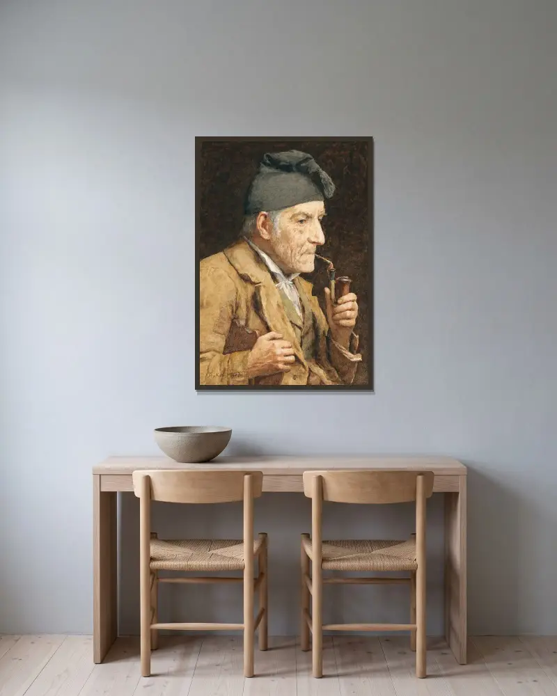 Alter Mann, seine Pfeife rauchend von Albert Anker gerahmt an einer Wand