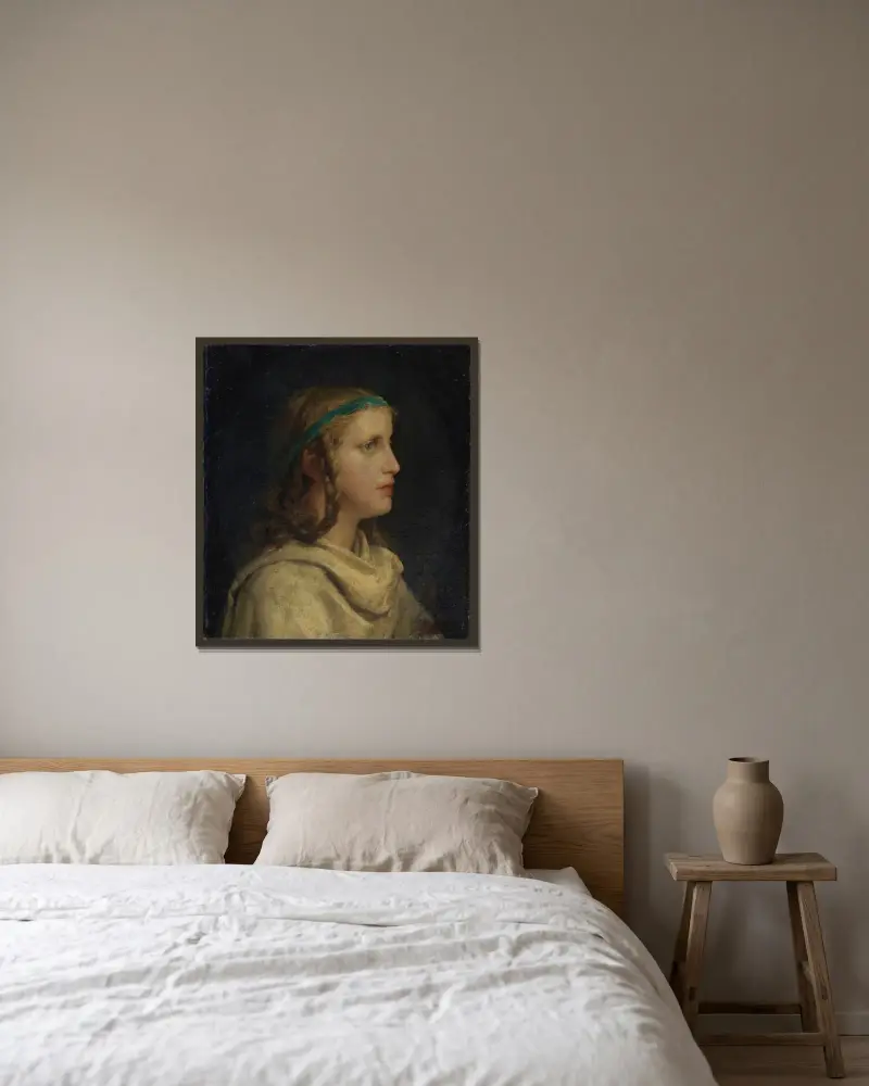 Porträtt av en flicka i profil av Albert Anker inramad på en vägg
