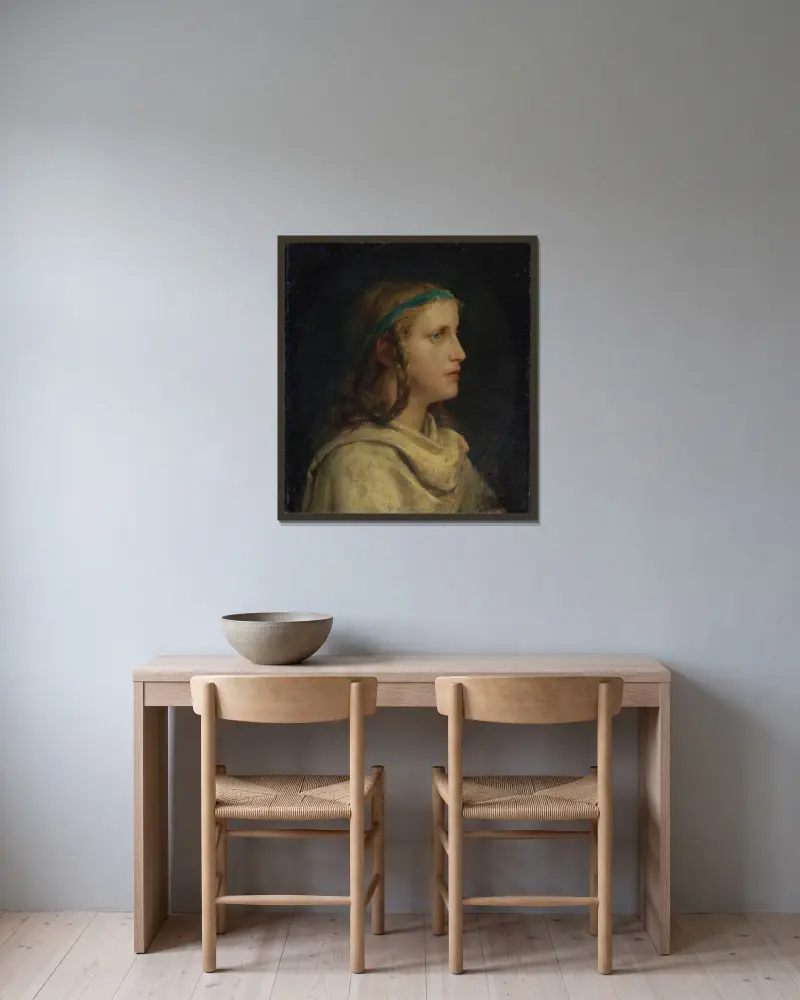 Porträtt av en flicka i profil av Albert Anker inramad på en vägg