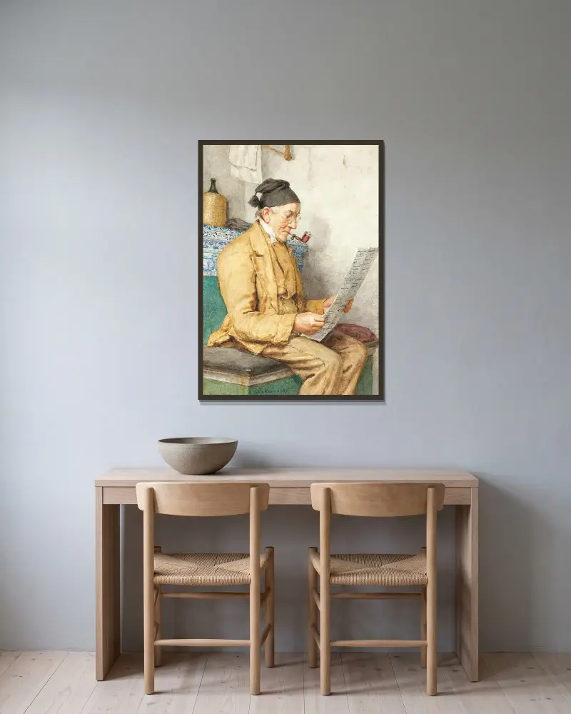 Reading Farmer Sitting By The Tiled Stove av Albert Anker inramad på en vägg