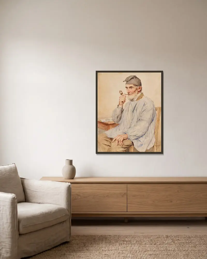 Sittande bonde med pipa av Albert Anker inramad på en vägg
