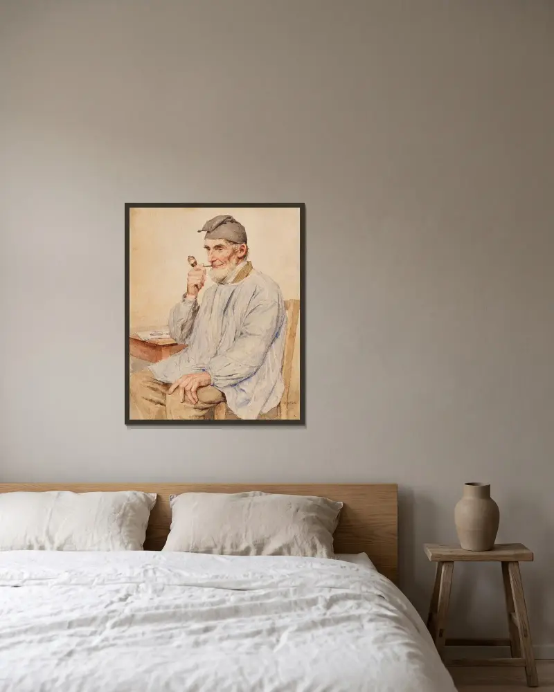 Sittande bonde med pipa av Albert Anker inramad på en vägg