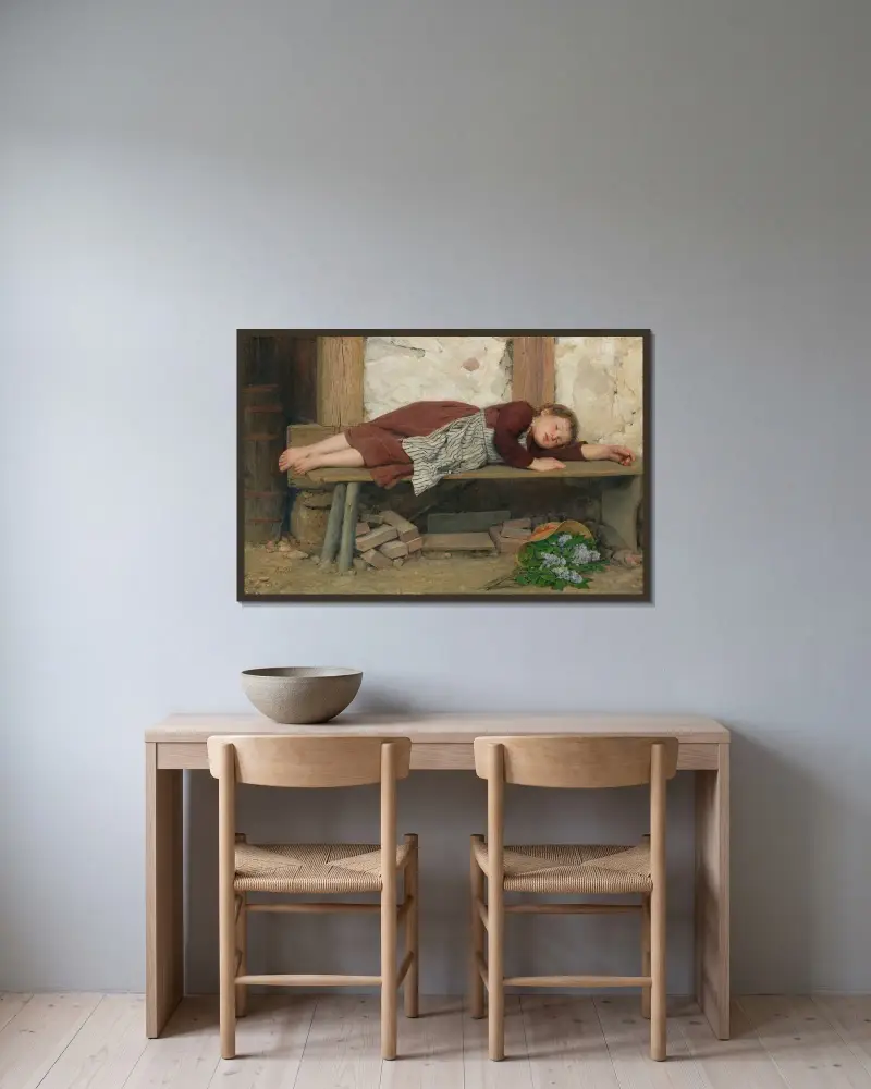 Sovande flicka på en träbänk av Albert Anker inramad på en vägg