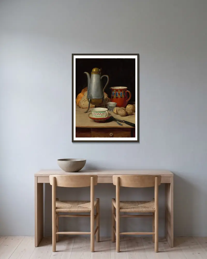 Still life; coffee and potatoes av Albert Anker inramad på en vägg