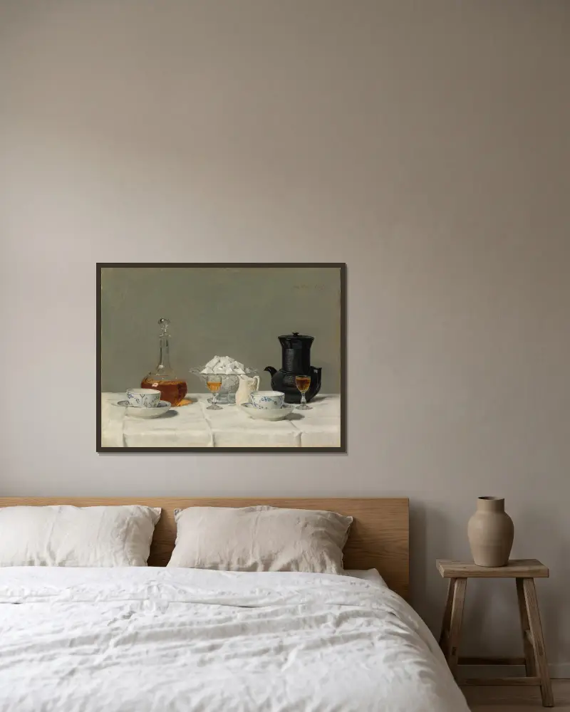 Stilleben mit Kaffee von Albert Anker gerahmt an einer Wand