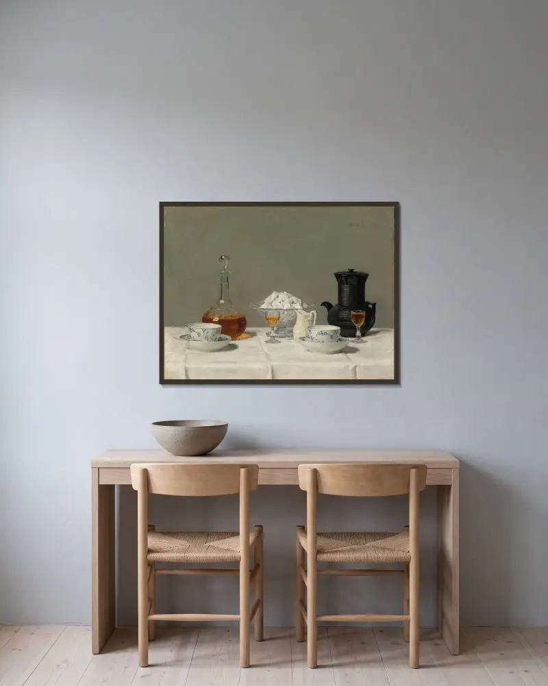 Stilleben mit Kaffee von Albert Anker gerahmt an einer Wand