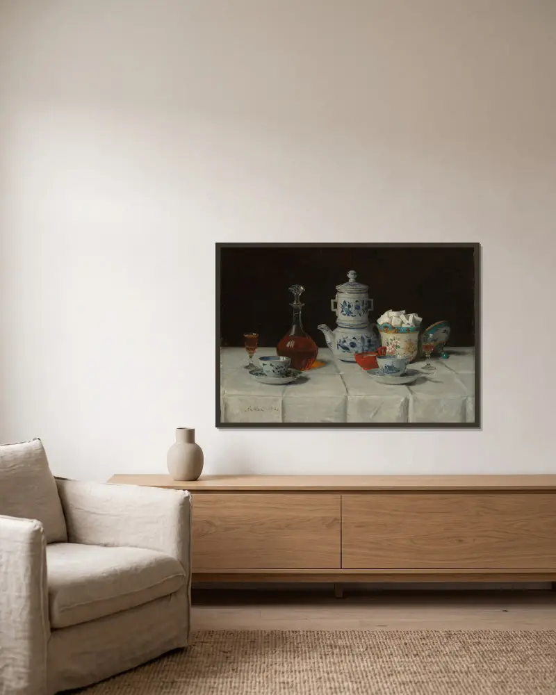 Still life with coffee setting and cognac bottle av Albert Anker inramad på en vägg
