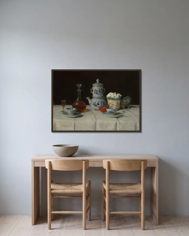 Still life with coffee setting and cognac bottle av Albert Anker inramad på en vägg