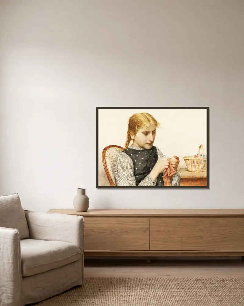 Strickendes Mädchen von Albert Anker gerahmt an einer Wand
