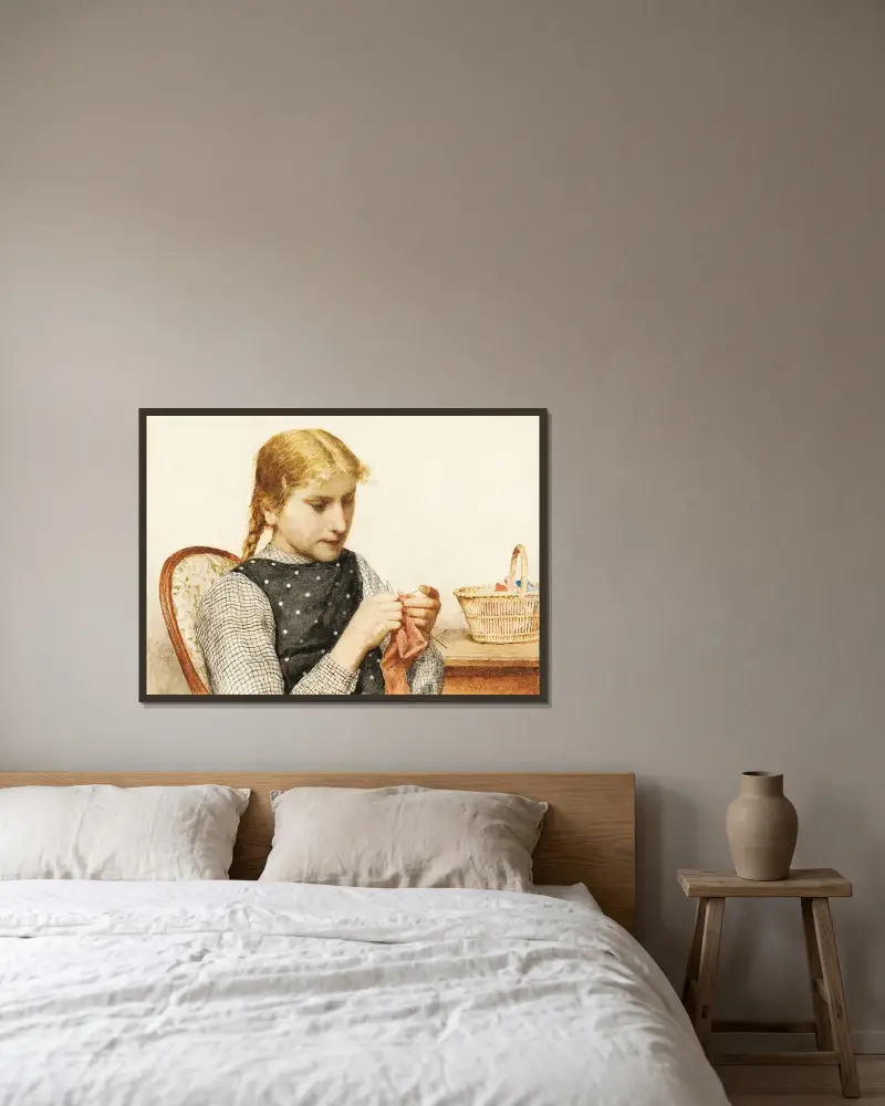 Strickendes Mädchen von Albert Anker gerahmt an einer Wand