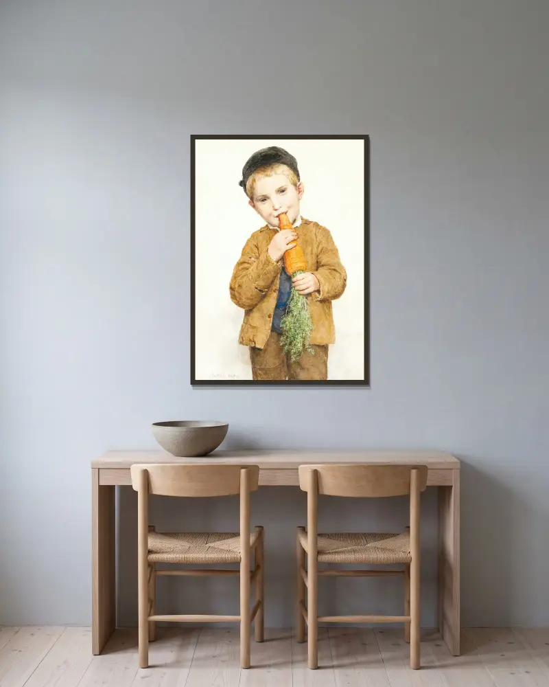 Der kleine Junge mit der großen Karotte von Albert Anker gerahmt an einer Wand