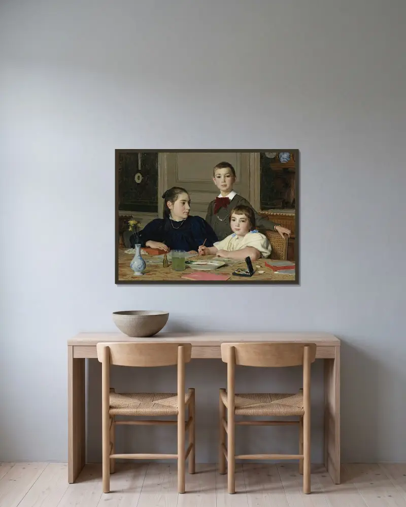 Syskonen Zaeslin av Albert Anker inramad på en vägg