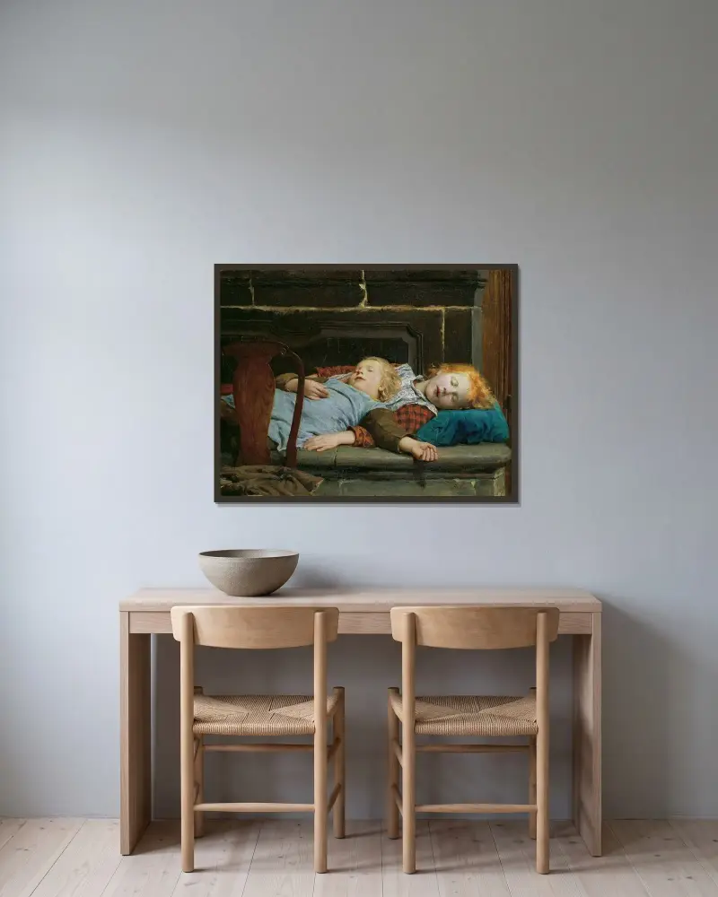 Two sleeping girls on the stove bench av Albert Anker inramad på en vägg