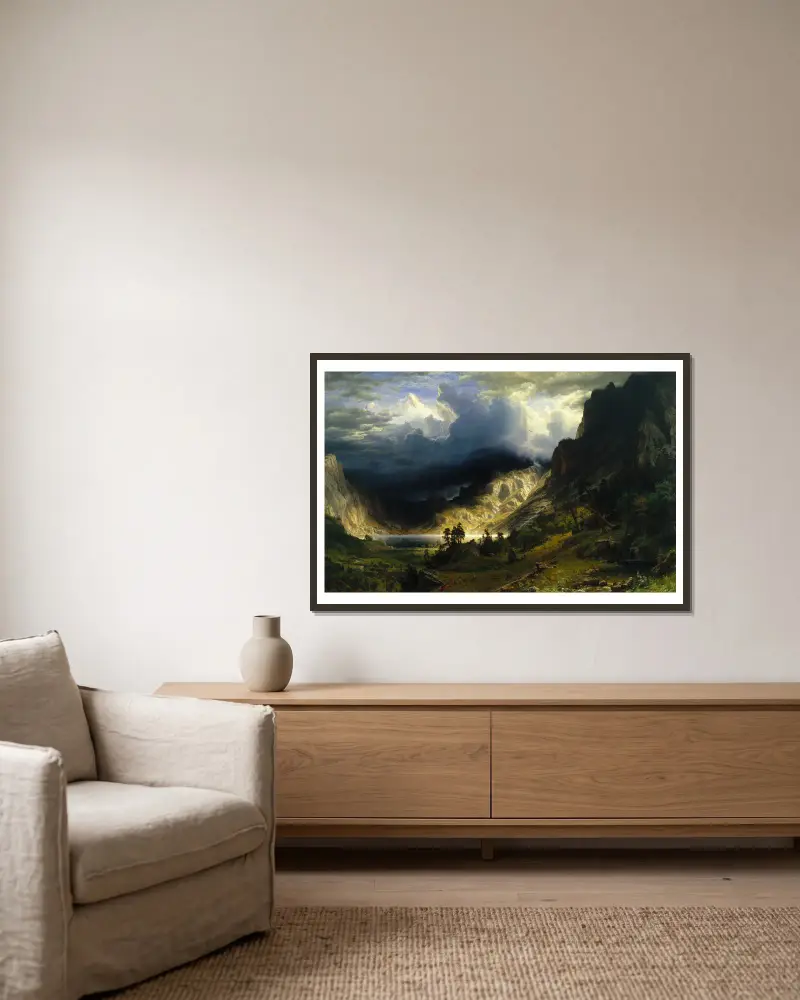A Storm in the Rocky Mountains, Mt. Rosalie av Albert Bierstadt inramad på en vägg
