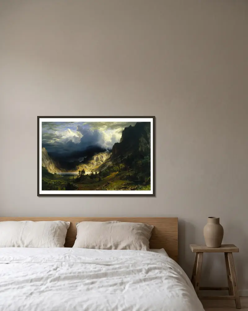 A Storm in the Rocky Mountains, Mt. Rosalie av Albert Bierstadt inramad på en vägg