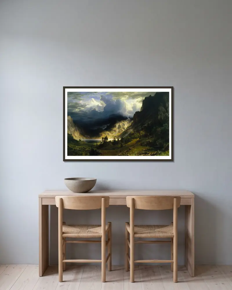 A Storm in the Rocky Mountains, Mt. Rosalie av Albert Bierstadt inramad på en vägg