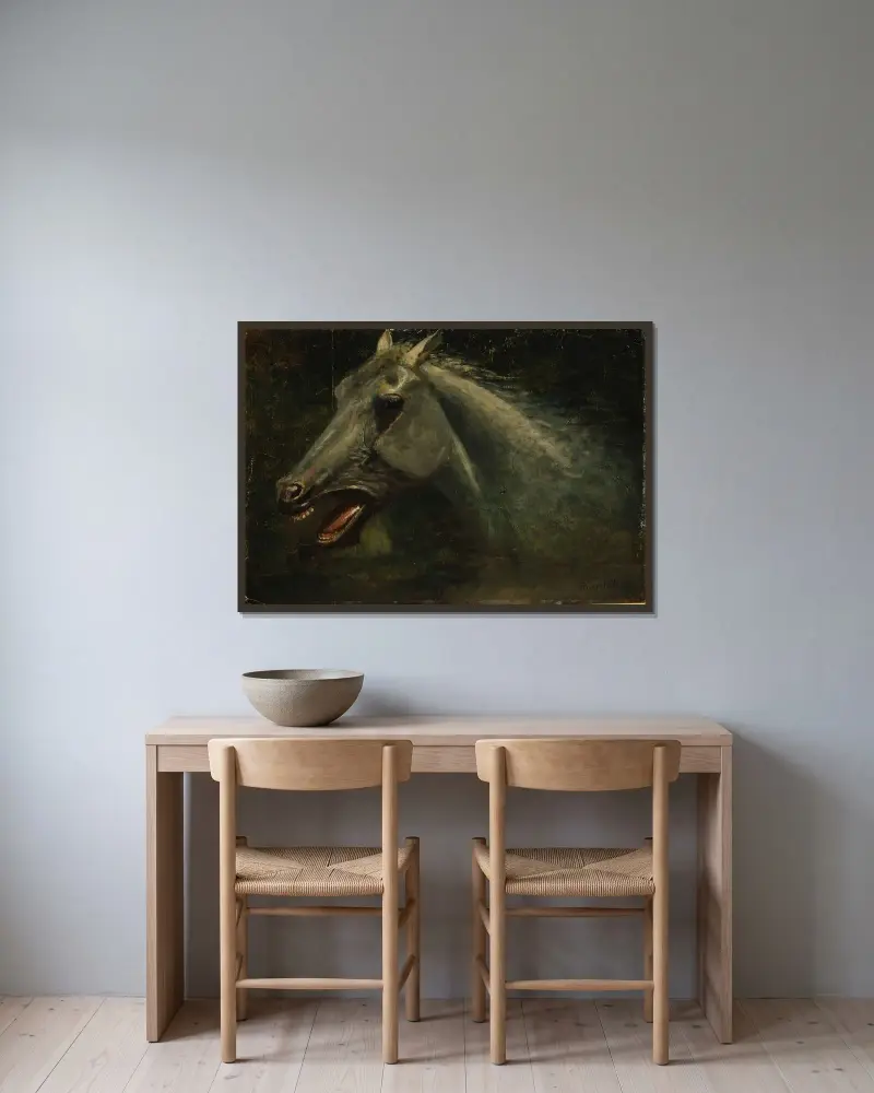 En vild hingst (originalskiss i olja för 'The Last of the Buffalo') av Albert Bierstadt inramad på en vägg