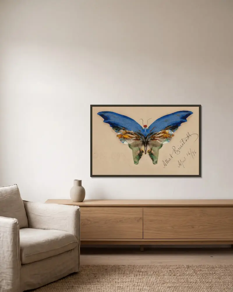 Blue Butterfly av Albert Bierstadt inramad på en vägg