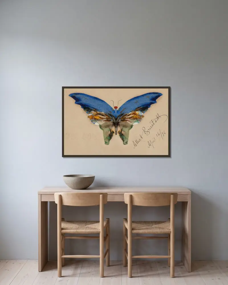 Blue Butterfly av Albert Bierstadt inramad på en vägg