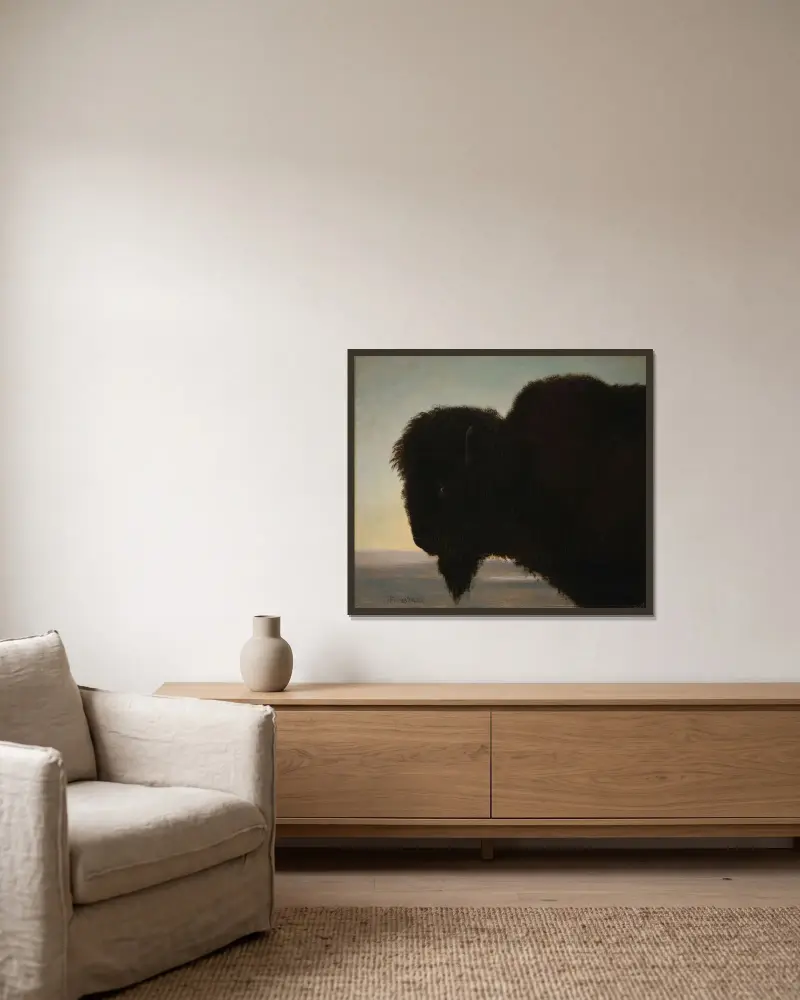 Buffalo Head av Albert Bierstadt inramad på en vägg