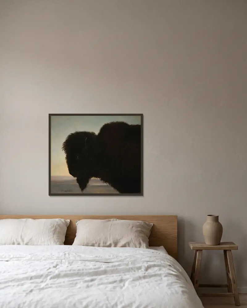 Buffalo Head av Albert Bierstadt inramad på en vägg