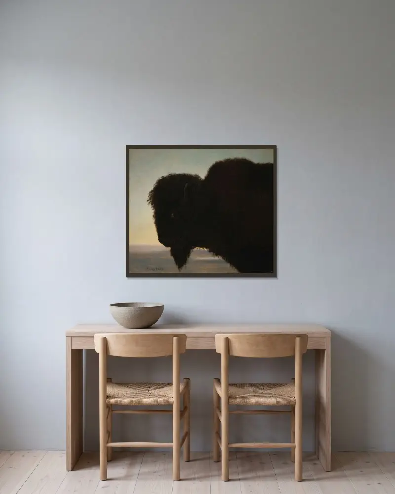 Buffalo Head av Albert Bierstadt inramad på en vägg